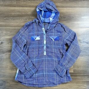 Prana Hooded Plaid Long Sleeve‎ Shirt Medium Blue Lace Button Retro 90s Pullover